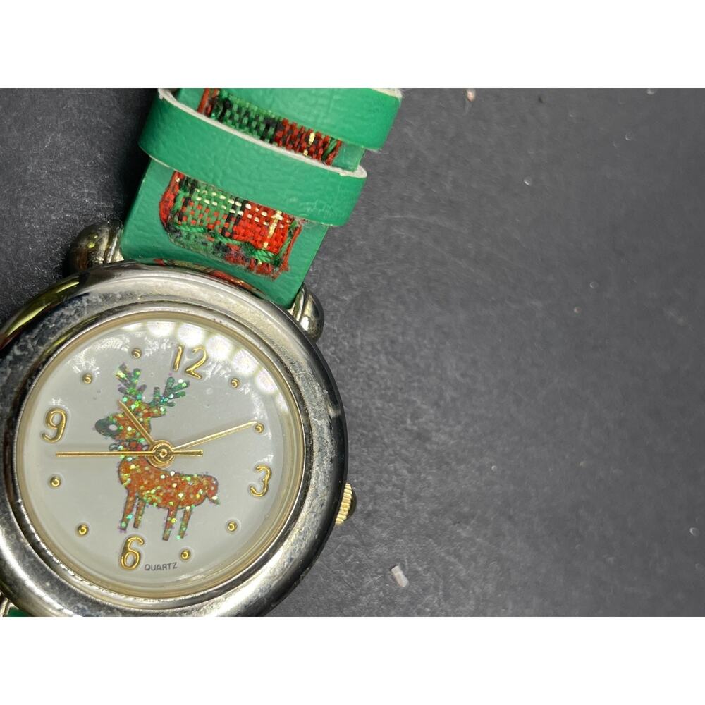 Vintage Holiday Lane Glitter Reindeer Watch Green / Red Plaid Band 29MM